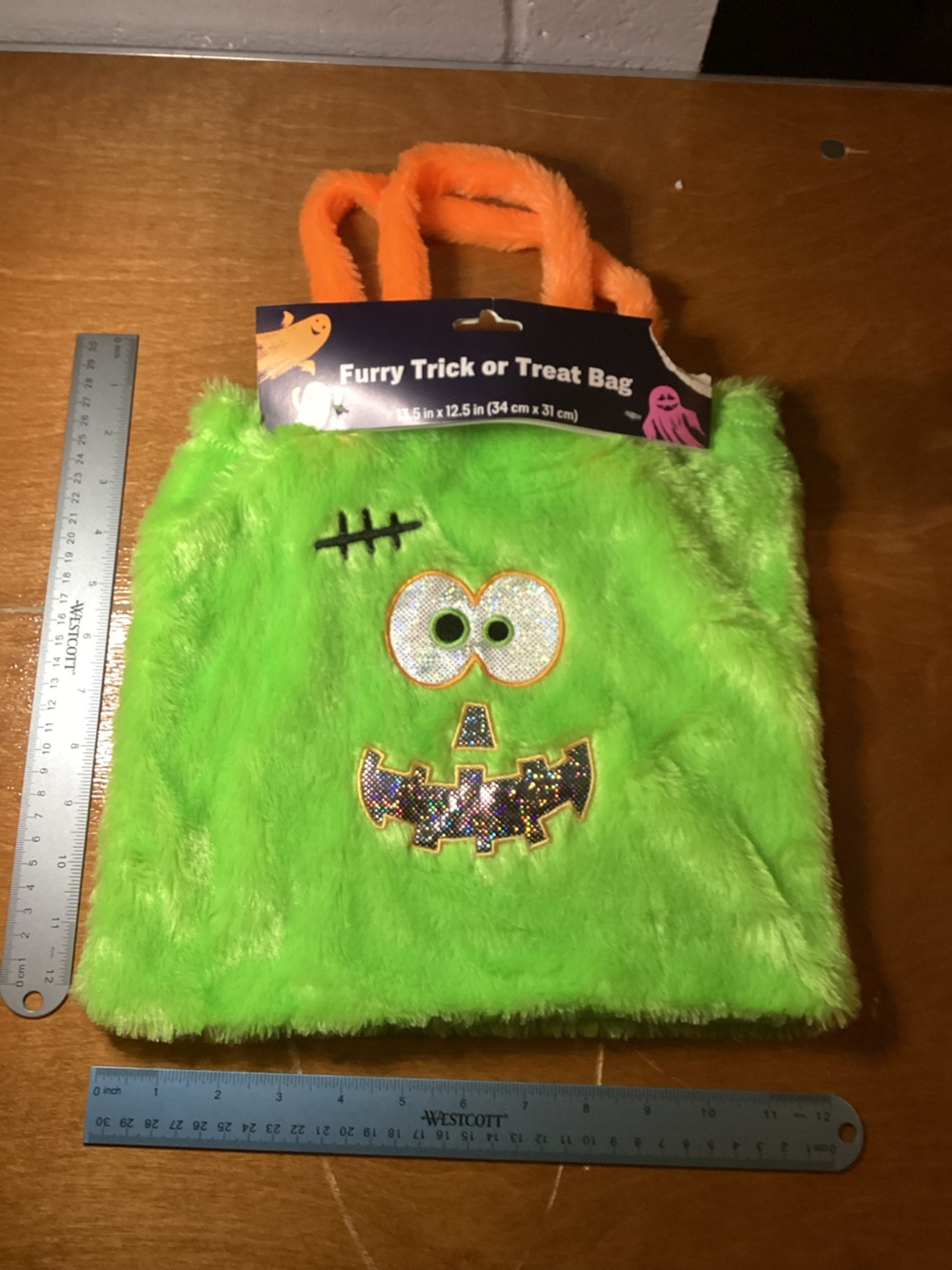 Furry Green Trick or Treat Bag with Orange Handles - Kids Accessories